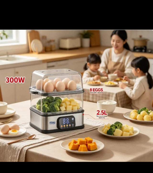 DSP 2-layer electric food steamer with LED display, 2.5L capacity, and 8-egg steaming tray for healthy cooking.