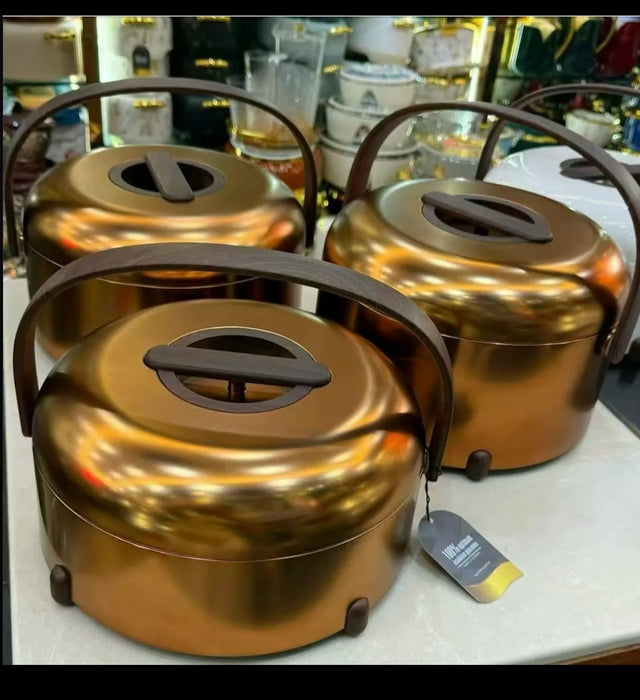 Premium gold insulated thermal food carrier with secure lid and carry handle for keeping meals warm