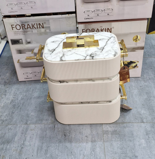 3-piece white marble-look insulated food warmer casserole set with gold handles in 3L, 4L and 5L sizes