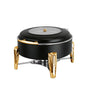 6L round hydraulic stainless steel chafing dish with tempered glass viewing lid and luxury gold accents.