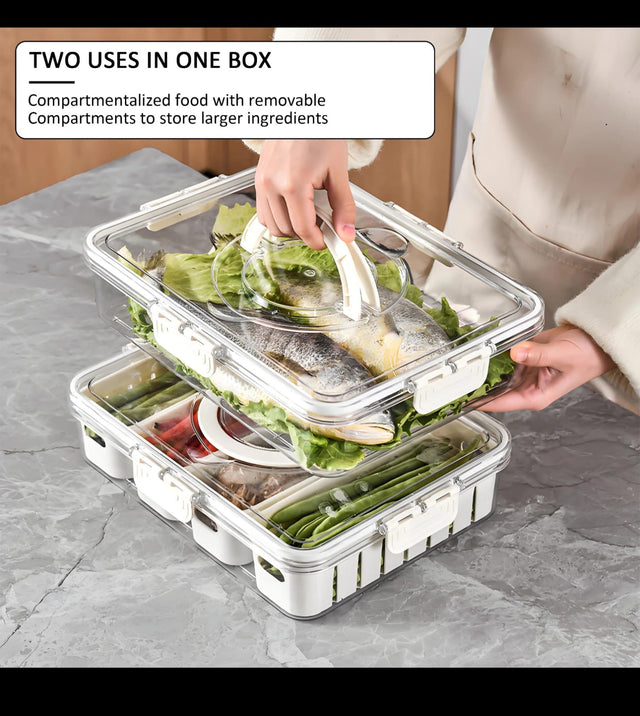 8-compartment portable snack and food storage box with clear locking lid and carry handle for fruits, nuts, biscuits and snacks