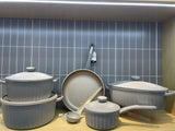 UAKEEN 10-piece cream non-stick cookware set with ribbed granite-coated pots, frying pan, saucepan, casserole dish with lids and cooking utensils
