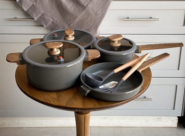 Cookware set grey ceramic pots pan wooden handles — iDecorators Kenya