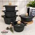 UAKEEN Germany 10-piece black granite non-stick cookware set with glass lids, wood-grain handles and induction base
