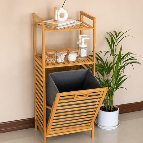 Bamboo laundry hamper with a removable fabric laundry basket and two-tier storage shelves, ideal for organizing laundry, toiletries, towels, and bathroom essentials.