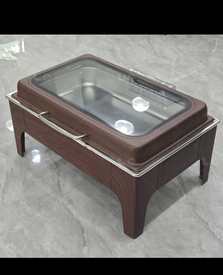 Luxury 9L rectangular single compartment chafing dish with wooden brown finish and hydraulic glass lid.