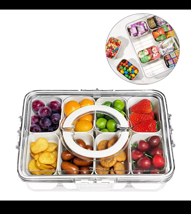 8-compartment portable snack and food storage box with clear locking lid and carry handle for fruits, nuts, biscuits and snacks
