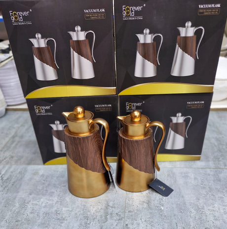 Luxury gold 304 stainless steel thermal flask with wood-look handle available in 1L and 1.3L