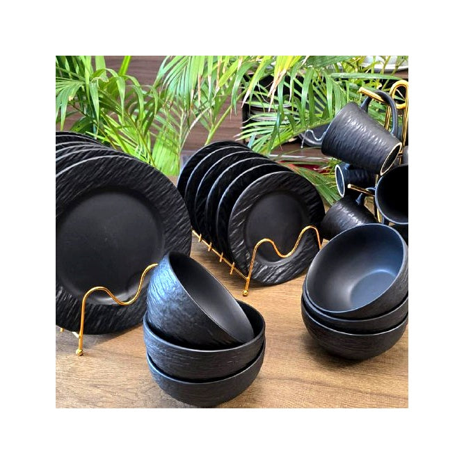 Luxury Black Stoneware Dinner Set with Gold Racks – Complete Tableware Collection,plates,bowls,sideplate,cups