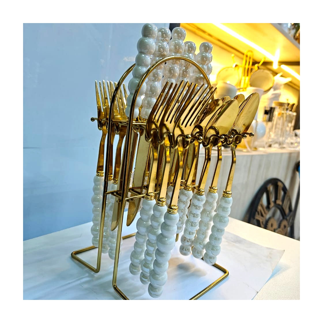 Luxury White Beaded Handle Gold Cutlery Set — 24-Piece with Stand