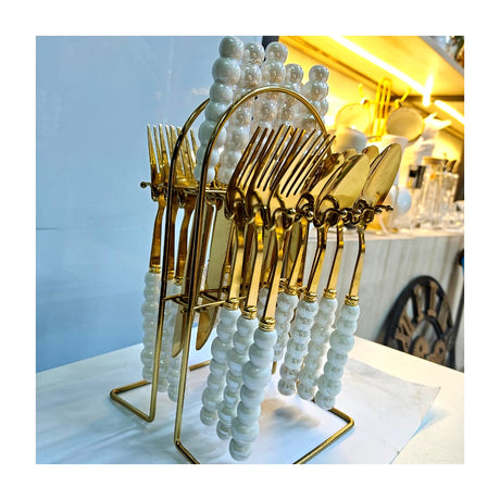 Luxury White Beaded Handle Gold Cutlery Set — 24-Piece with Stand