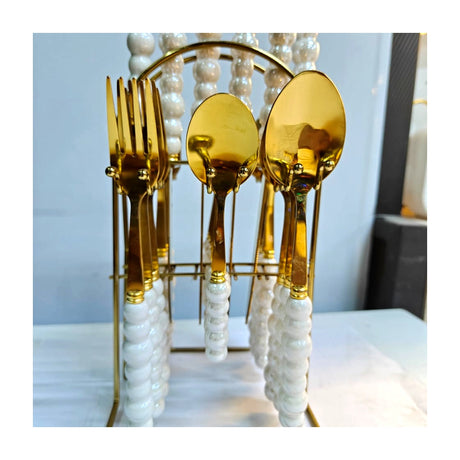 Luxury White Beaded Handle Gold Cutlery Set — 24-Piece with Stand