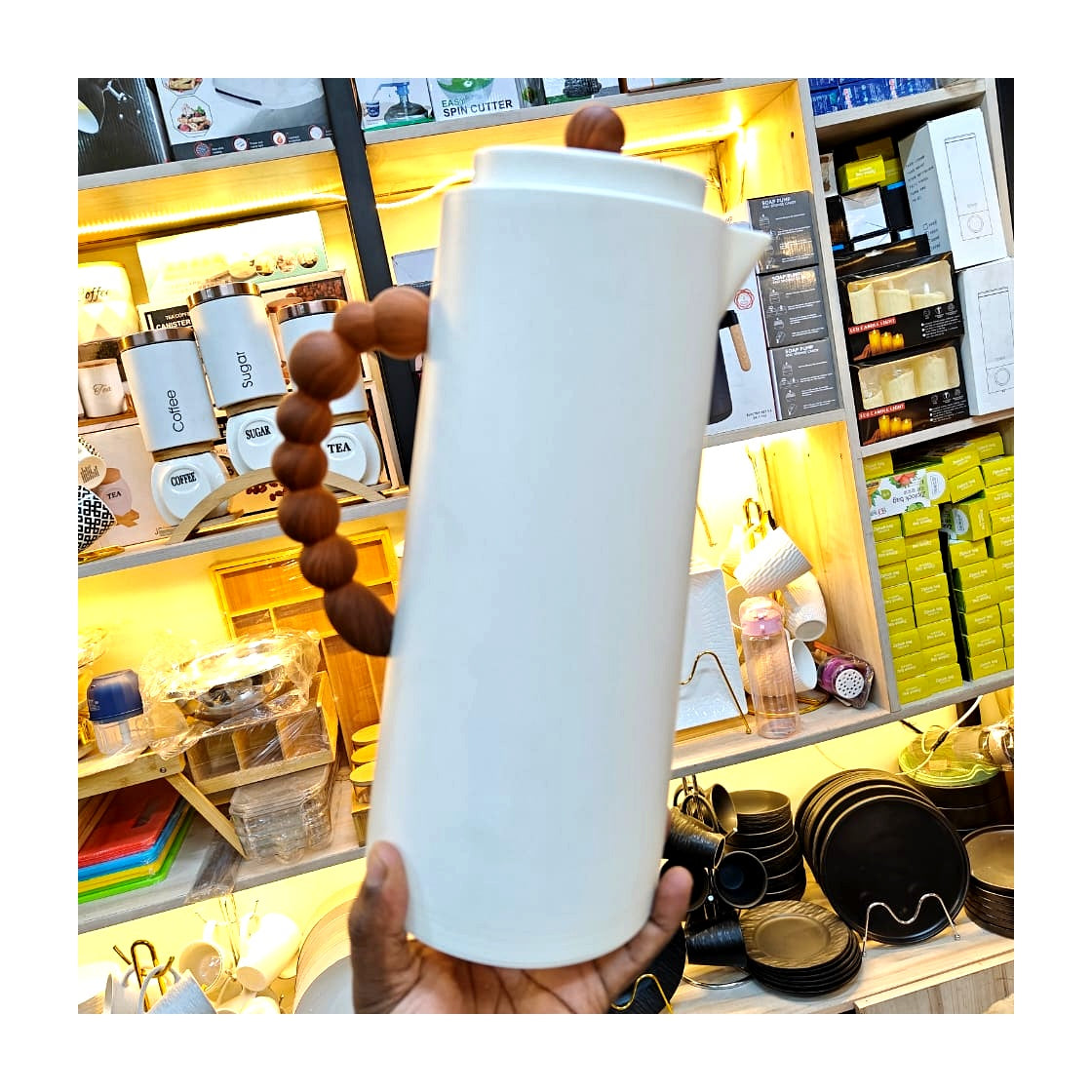 Matte White Thermal Jug with Wooden Handle | Elegant Hot & Cold Flask