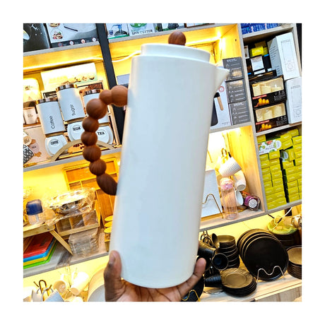 Matte White Thermal Jug with Wooden Handle | Elegant Hot & Cold Flask