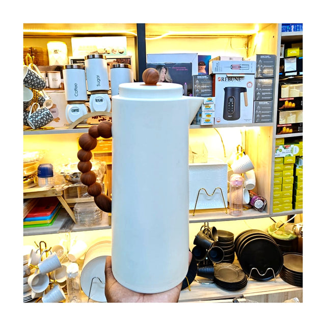 Matte White Thermal Jug with Wooden Handle | Elegant Hot & Cold Flask