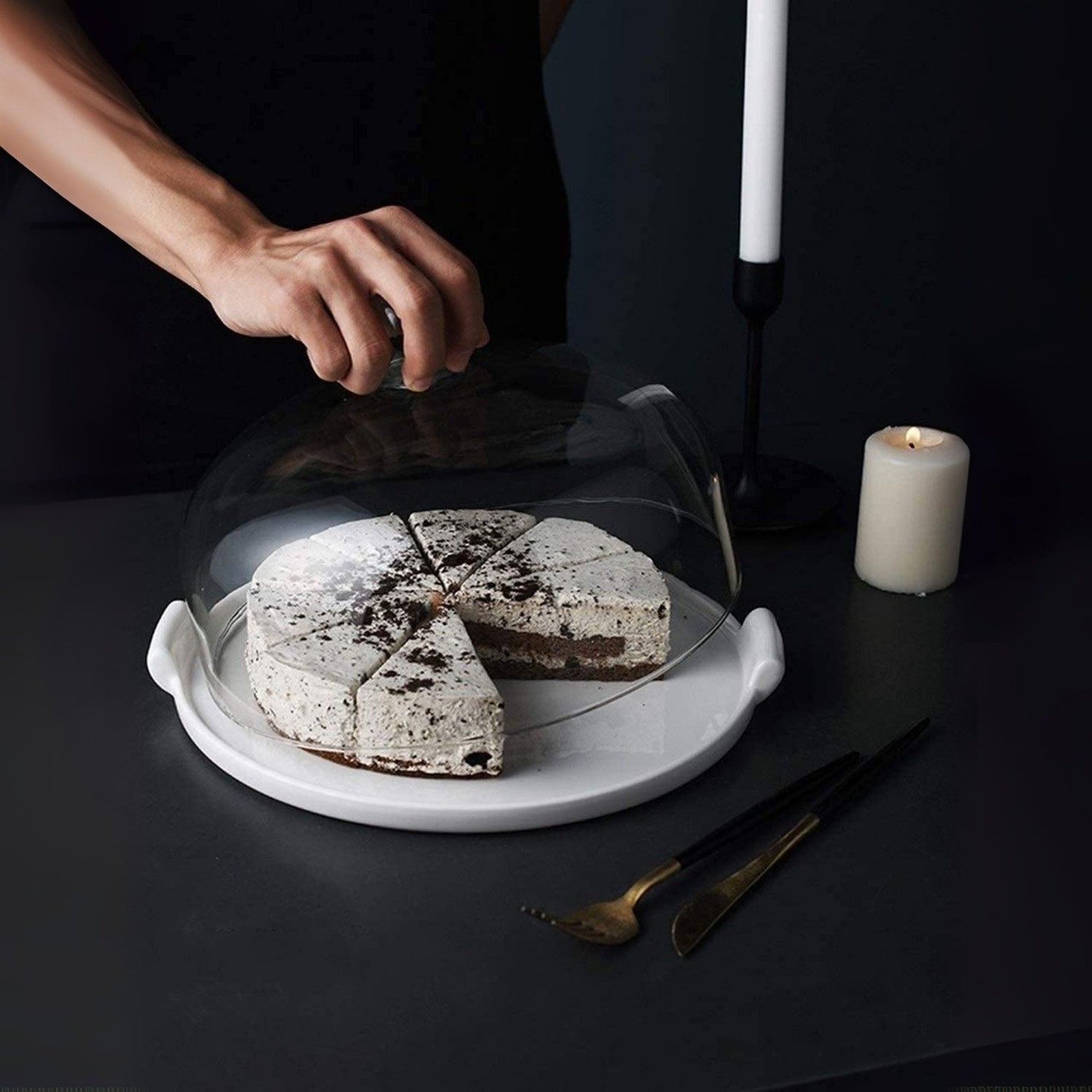 Large size glass cake cover with wooden holder diameter 30 cm