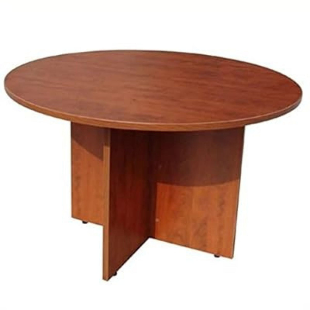 Round wooden table with a smooth, laminated finish

Diameter approximately 120 cm

Sturdy cross-panel leg design for stability

Ideal for office meetings, dining, or reception areas

Warm wood grain color for a professional look

Accommodates 4 to 6 people comfortably