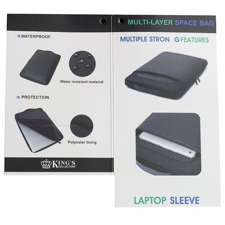 Black waterproof laptop sleeve with carry handle, front accessory pocket, and dual zipper closure.