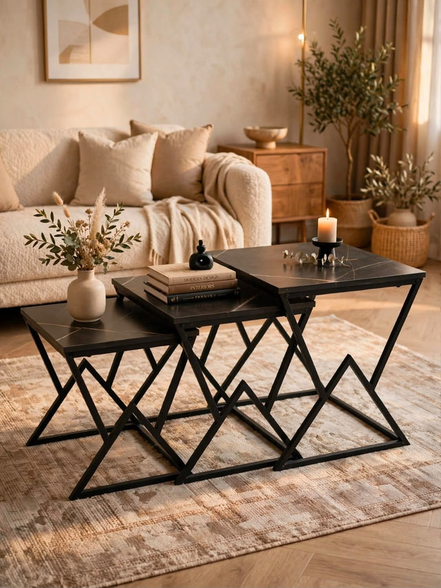 Modern black marble coffee table set with geometric metal frames in a stylish living room