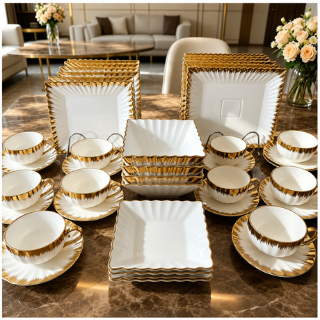 30-piece white and gold square porcelain dinner set with gold accents, including dinner plates, side plates, bowls, teacups, and saucers displayed on a marble dining table.