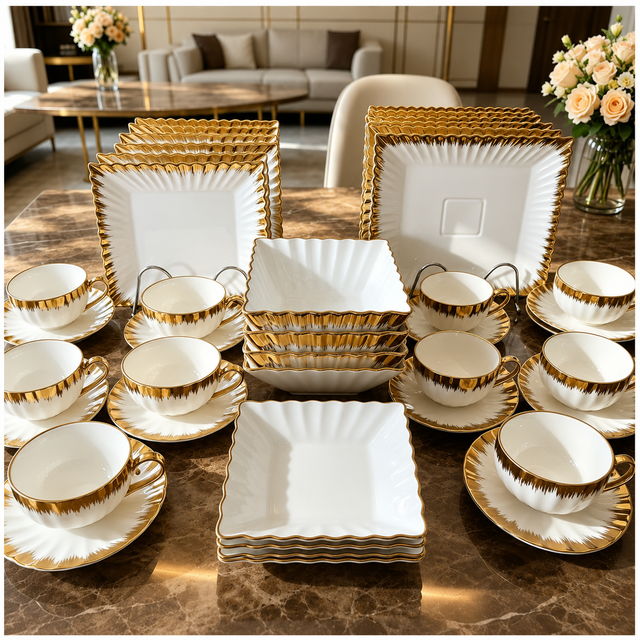 30-piece white and gold square porcelain dinner set with gold accents, including dinner plates, side plates, bowls, teacups, and saucers displayed on a marble dining table.