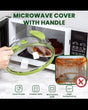 Transparent microwave food cover with green handle and steam vent protecting food from splatters during reheating.