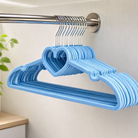 Blue heart-shaped velvet non-slip clothes hangers with chrome hooks hanging on a wardrobe rail.