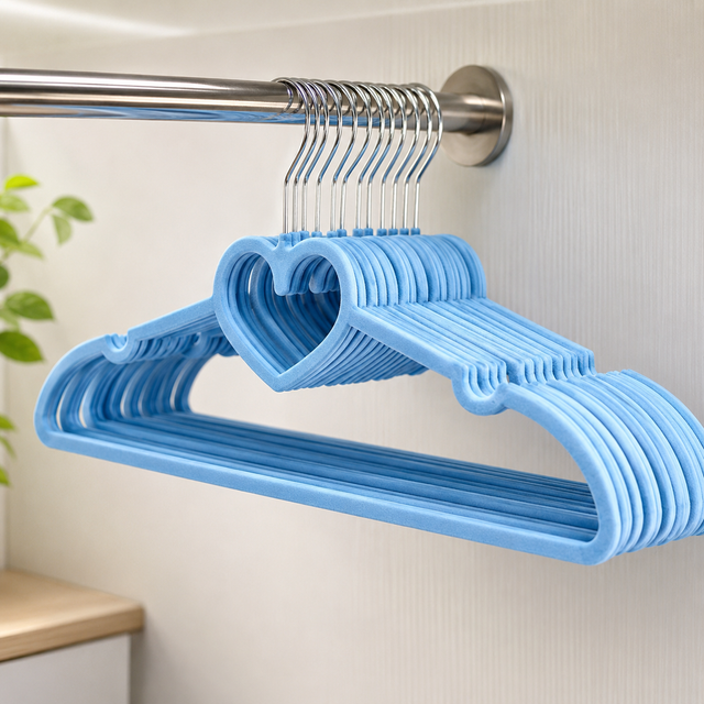 Blue heart-shaped velvet non-slip clothes hangers with chrome hooks hanging on a wardrobe rail.