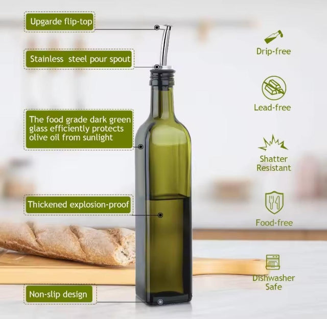 2 piece 500ml dark green glass oil dispenser bottle set with stainless steel pour spouts and funnel