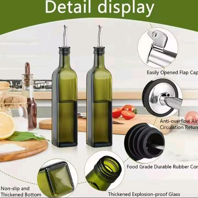 2 piece 500ml dark green glass oil dispenser bottle set with stainless steel pour spouts and funnel