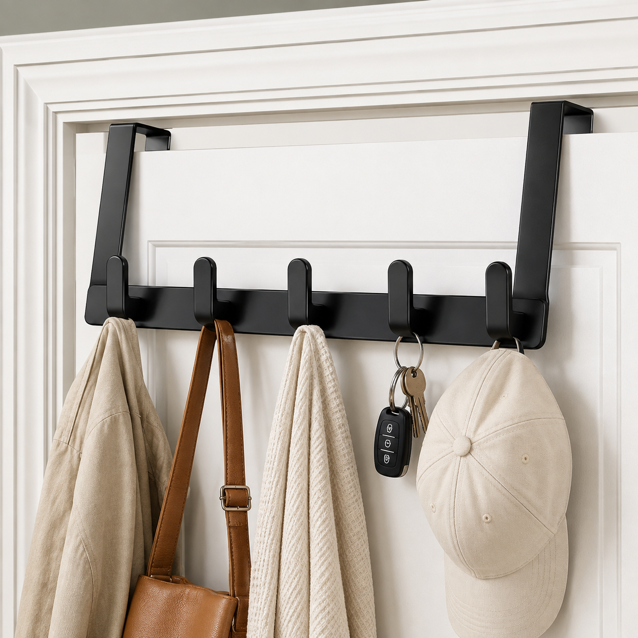 Black over-the-door 5-hook hanging organizer rack for clothes, towels, bags, hats and keys