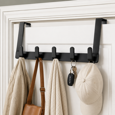 Black over-the-door 5-hook hanging organizer rack for clothes, towels, bags, hats and keys