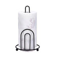 Black metal paper towel holder for standard kitchen paper towel rolls with a freestanding countertop design