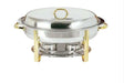 5.5L oval chafing dish with polished stainless steel body and gold finish handles, lid knob and stand legs — iDecorators Kenya