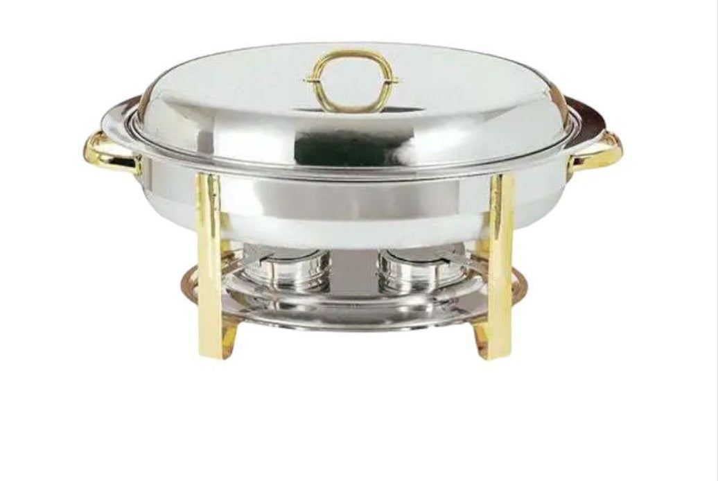 5.5L oval chafing dish with polished stainless steel body and gold finish handles, lid knob and stand legs — iDecorators Kenya