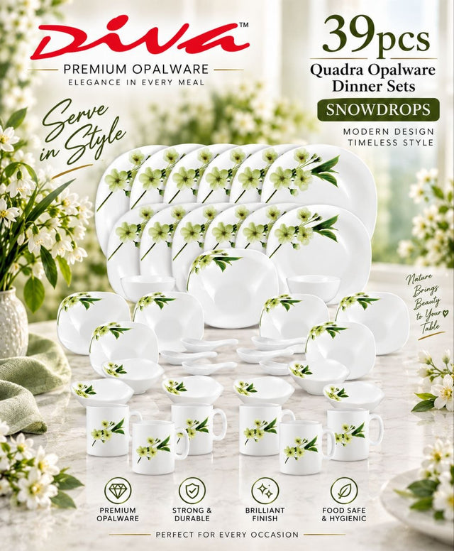 Diva Quadra Plain White Opalware Dinner Set — 39 Pieces