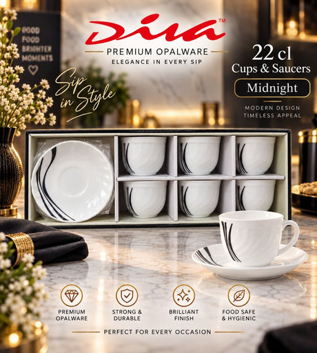 Midnight: Cup and saucer set white opalware small blue flower border in gift box — iDecorators Kenya