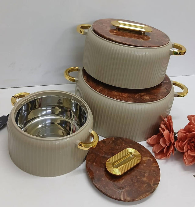 Hotpot set beige fluted with brown marble lids and gold handles — iDecorators Kenya