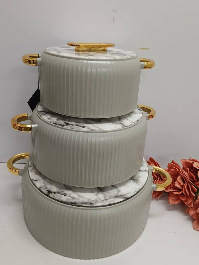 Hotpot set beige fluted with brown marble lids and gold handles — iDecorators Kenya