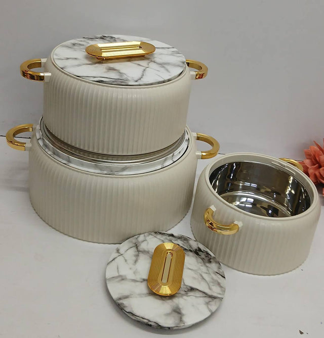 Hotpot set beige fluted with brown marble lids and gold handles — iDecorators Kenya