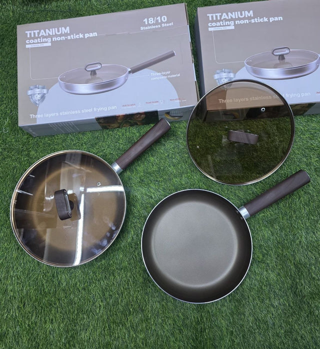 Titanium Coated 18/10 Stainless Steel Frying Pan with Glass Lid — 3 Layer