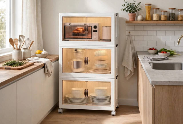 Storage cabinet white 3 tier holding microwave and dishes in kitchen — iDecorators Kenya