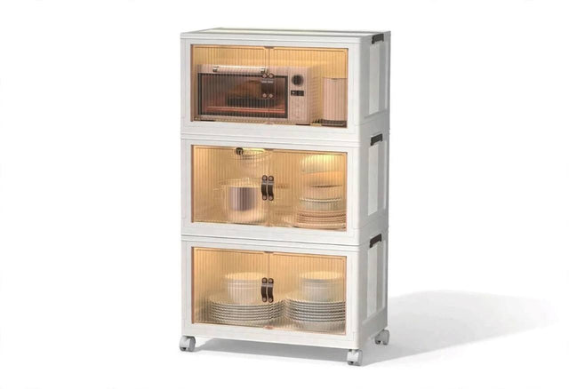 Storage cabinet white 3 tier with fluted amber doors and wheels — iDecorators Kenya