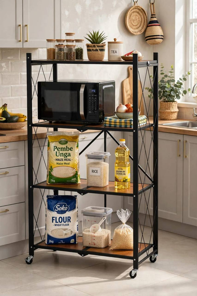 4 Tier Foldable Storage Rack with Wheels, Black Steel Frame, Oak Finish Shelves, No Assembly, 73 x 34 x 126cm