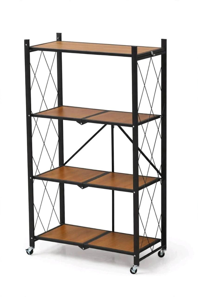 4 Tier Foldable Storage Rack with Wheels, Black Steel Frame, Oak Finish Shelves, No Assembly, 73 x 34 x 126cm
