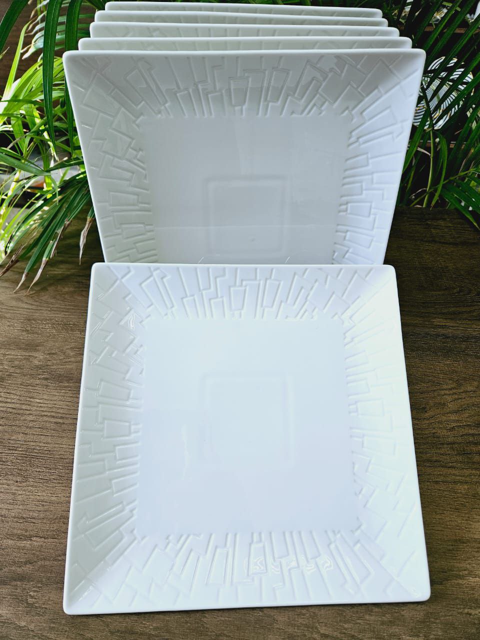 Modern White Square Porcelain Dinner Plates with Geometric Embossed Rim