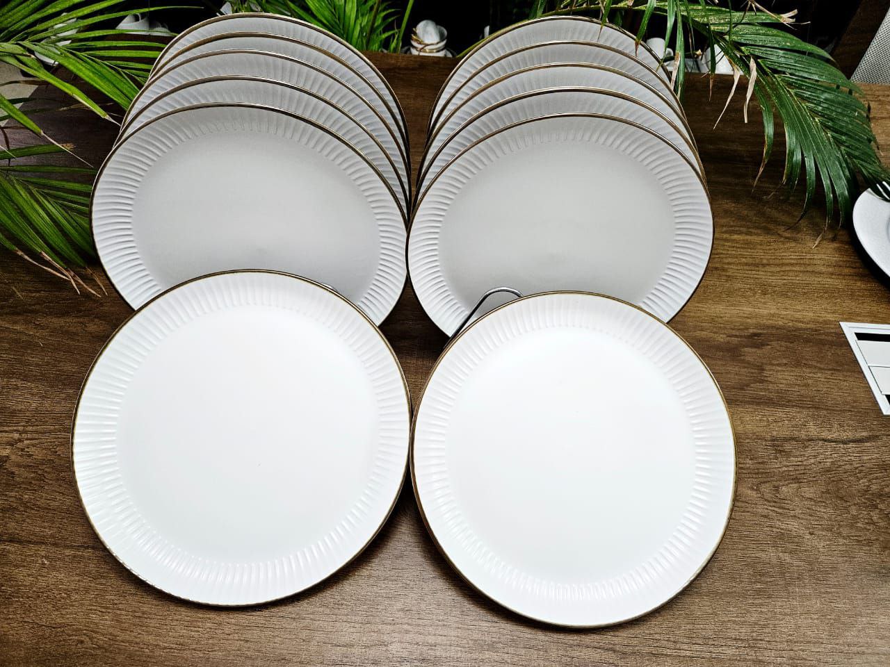 White Ribbed Porcelain Dinner Plates with Gold Rim