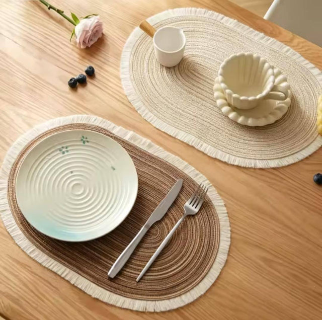 Oval Woven Placemats with Fringe Edge — Set of 6