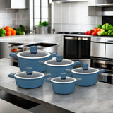 UCC Life Navy Blue Cookware Set with Cream Trimmed Lids, Induction Compatible — 10 Pieces