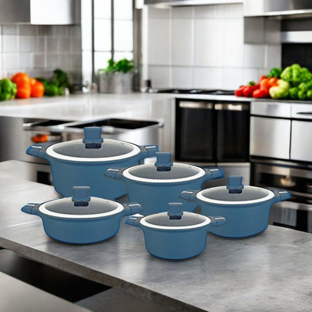UCC Life Navy Blue Cookware Set with Cream Trimmed Lids, Induction Compatible — 10 Pieces